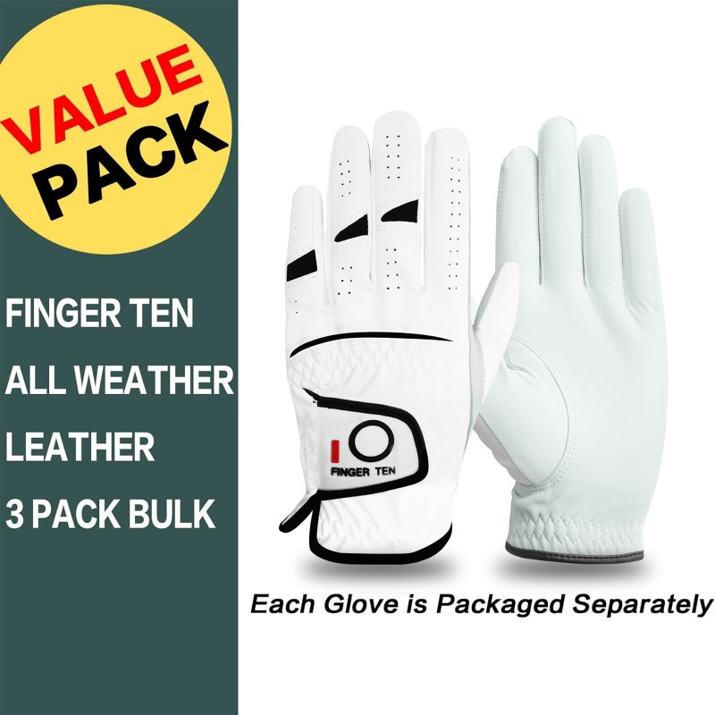 FINGER TEN Golf Gloves Men Right Left Handed Golfer Menâ€™s Golf Glove Lh Rh Hand Value 3 Pack, All Weather Leather Grip Small Medium ML Large XL Size (3 Pack, Large, Left) - Image 2